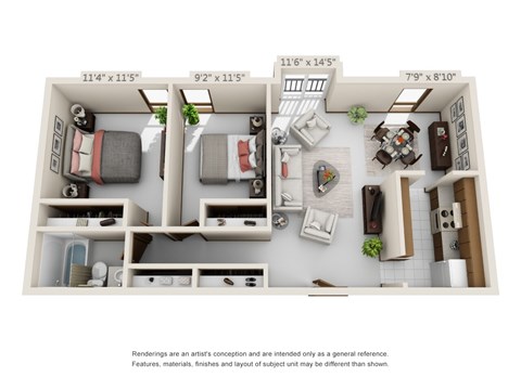 Floor plan for 2 beds, 1 bath, 1035 sqft
